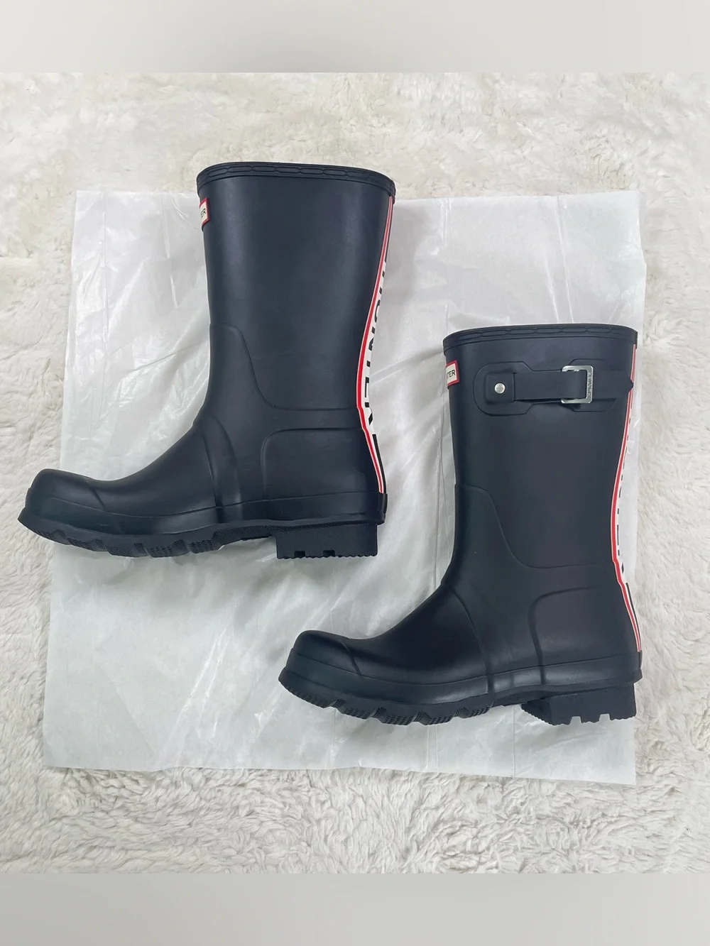 Hunter Men’s Black Logo Stripe Rain Boots Size 10